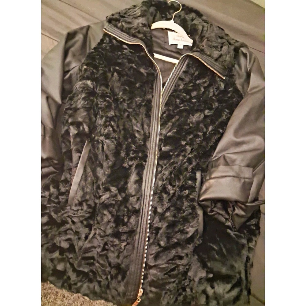 Dennis Basso Faux Fur Jacket Vest Zip-Off Leather Sleeves Black Statement Glam - Picture 2 of 16
